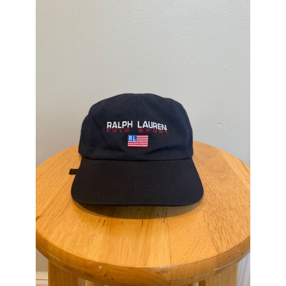 Vintage Polo Sport Ralph Lauren Navy Blue Strapback Hat American Flag Cap